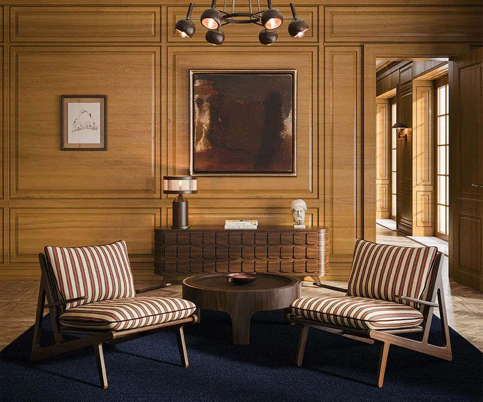 Panelled lounge with striped lounge chairs and a walnut console