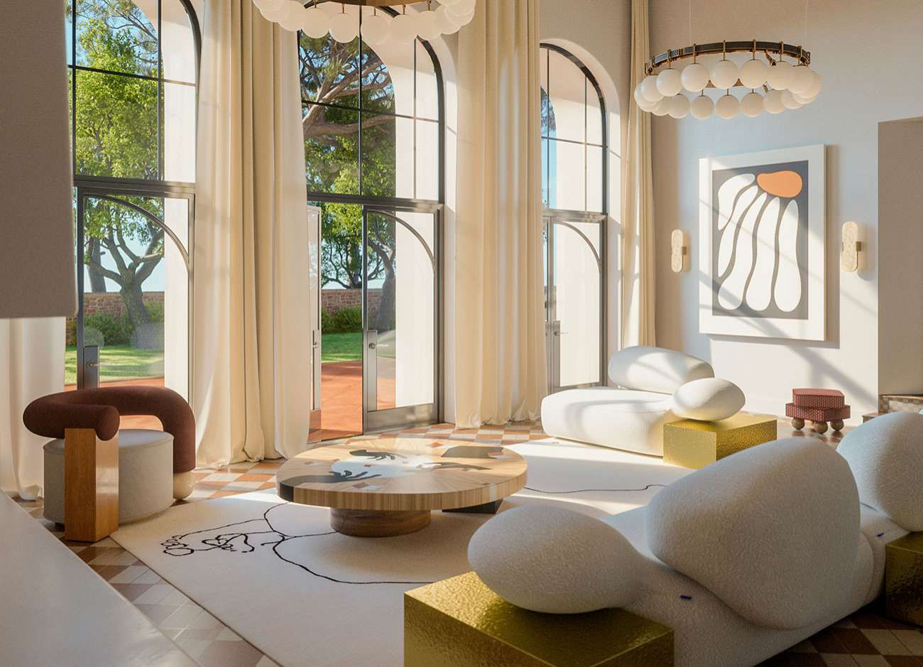 Bright room with tall arched windows, boucle seating and a low timber table