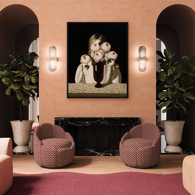 Two patterned swivel chairs framed by arches and a dark marble fireplace